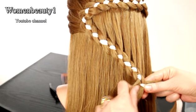 Прическа с плетением. Великолепная коса из 4 прядей с ленточкой